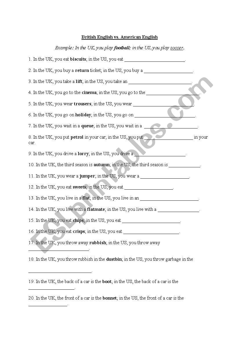 Worksheet British vs. American English