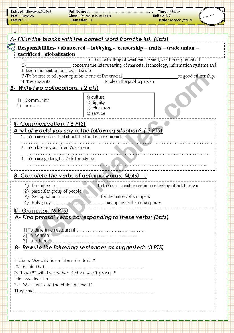 Quiz for 2nd year Bac - Morocco