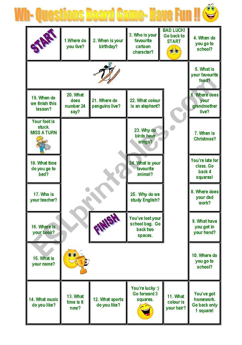 wh questions game board worksheet