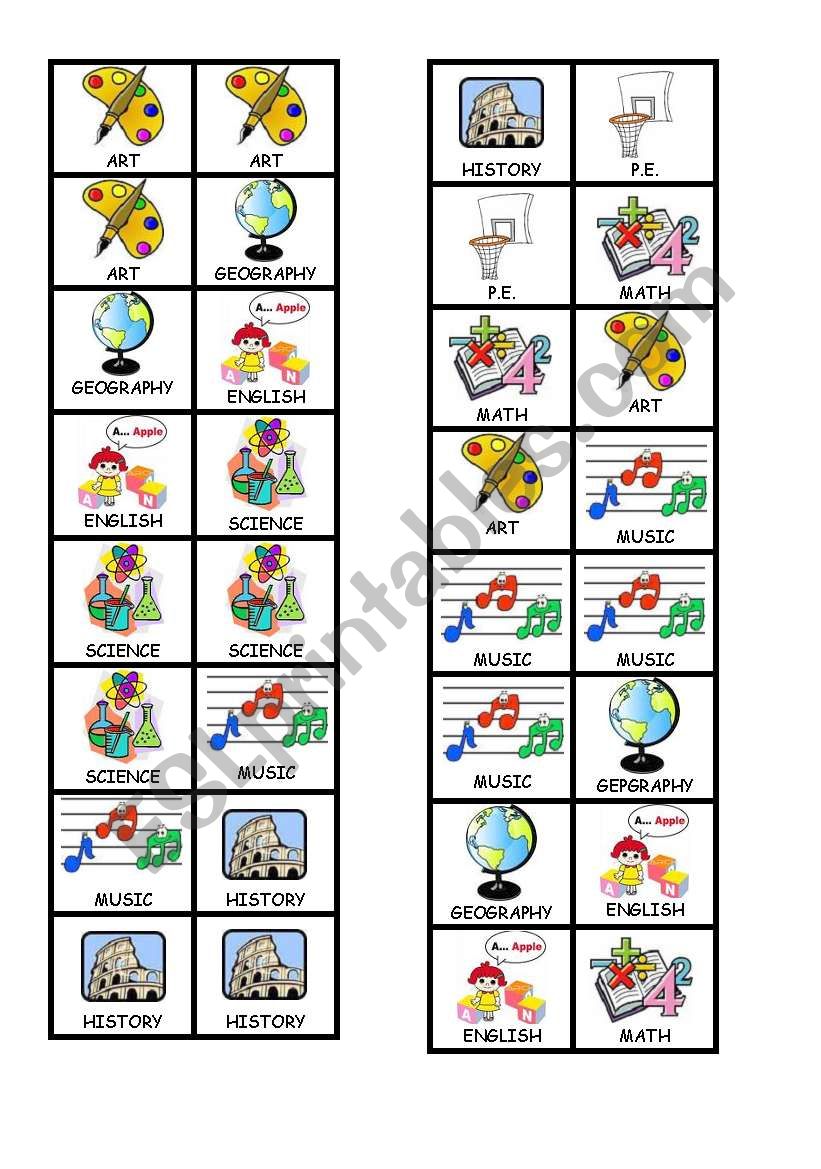 SCHOOL SUBJECTS DOMINOES worksheet