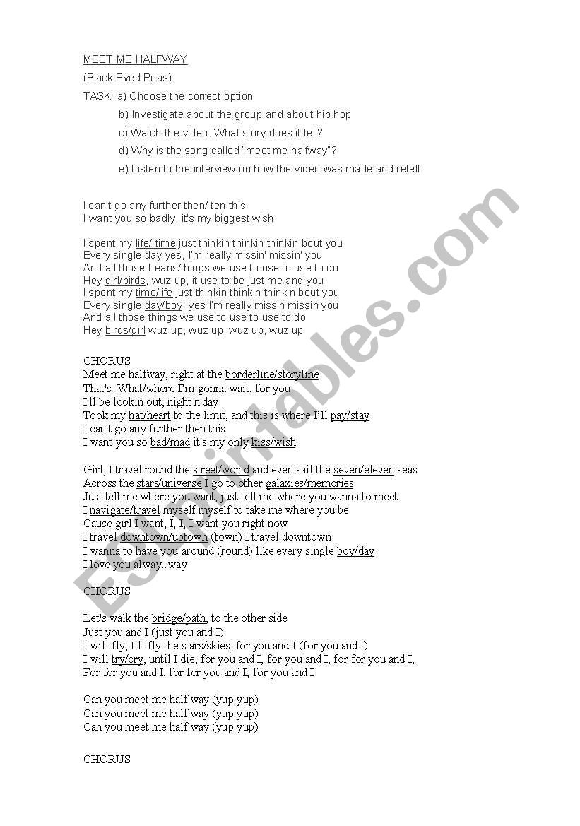 Meet me half way worksheet