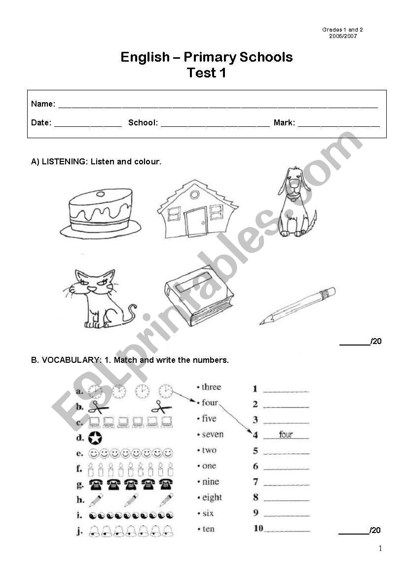 Primary levels test worksheet