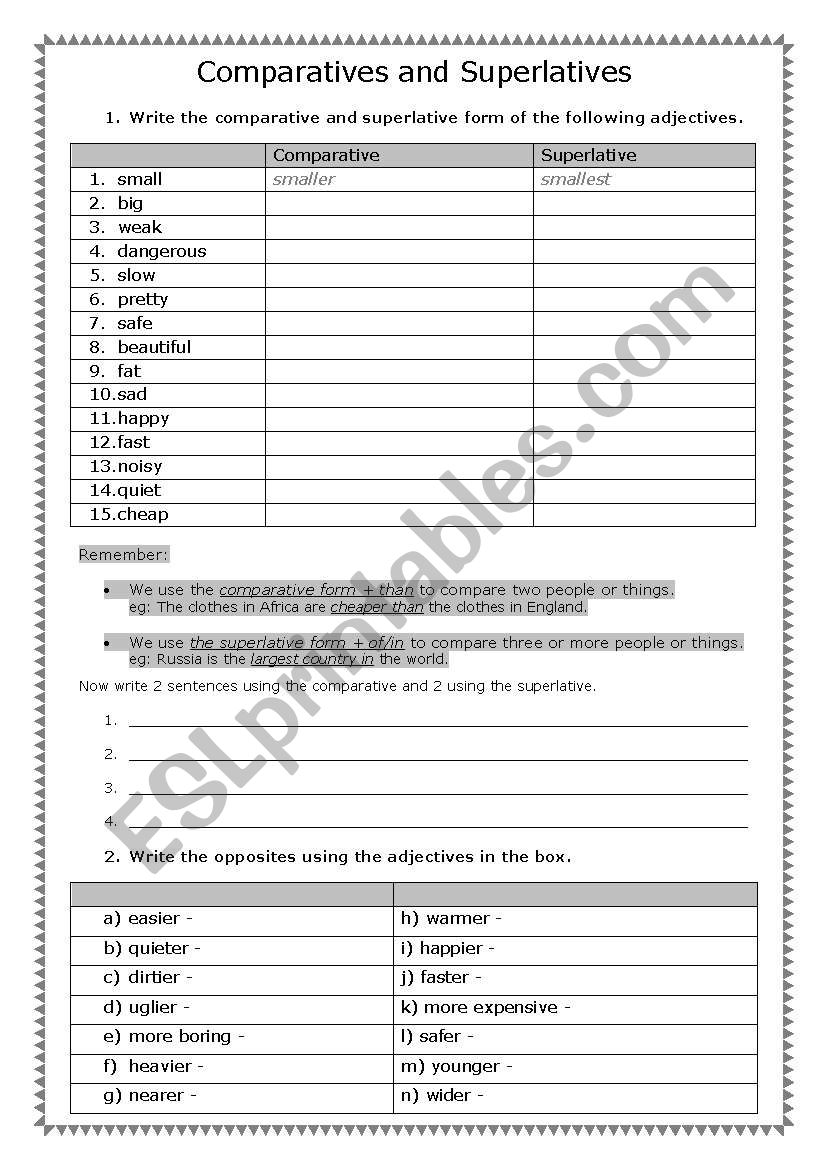 Comparatives and superlatives worksheet