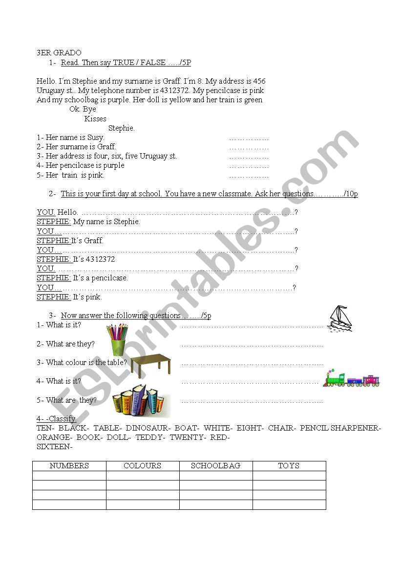 personal information and toys worksheet