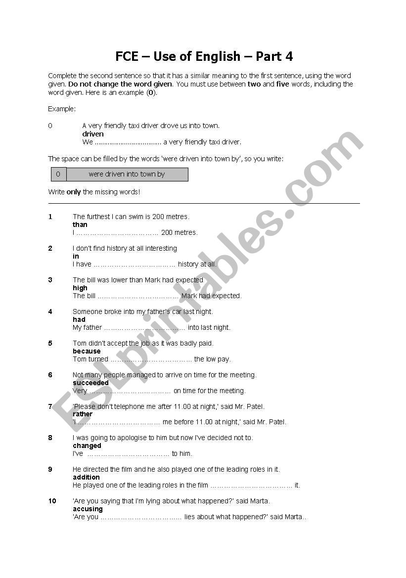 FCE Use of English Part 4 worksheet