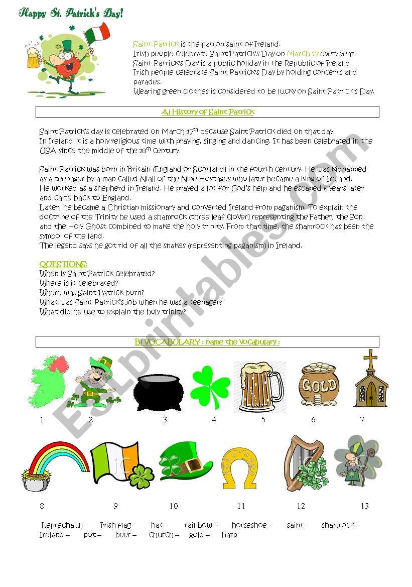 Saint Patrick worksheet