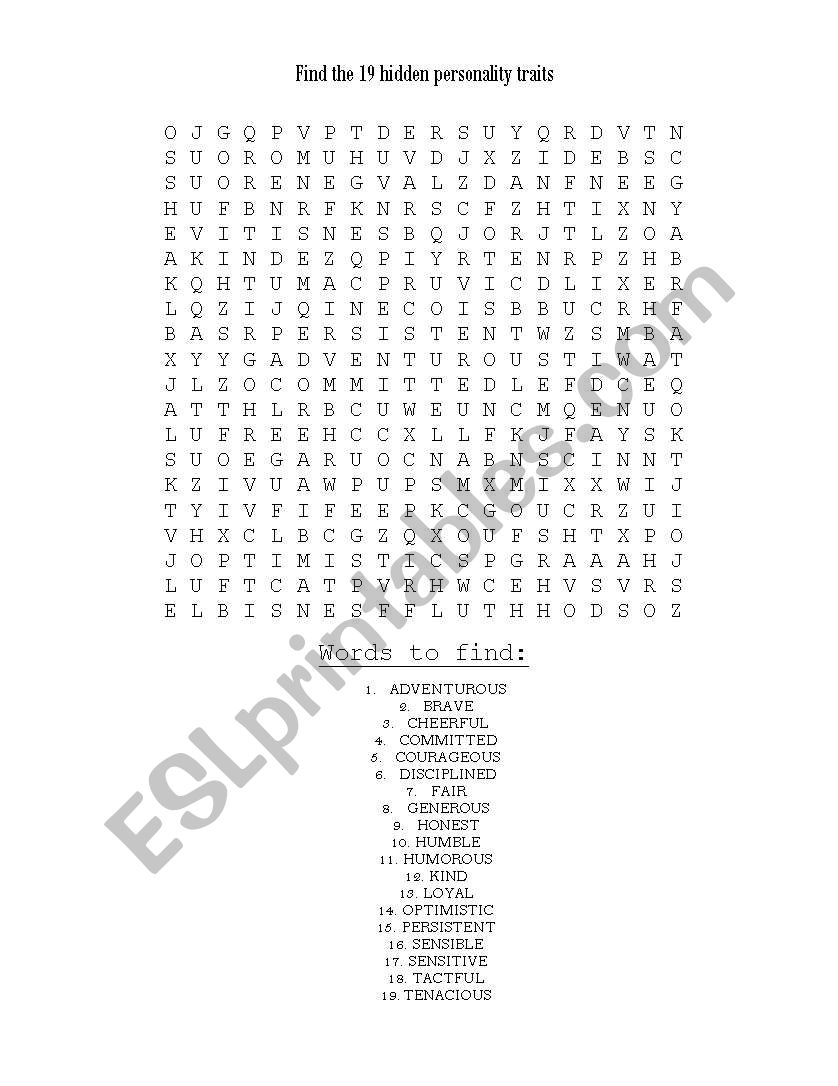 Personality Traits worksheet