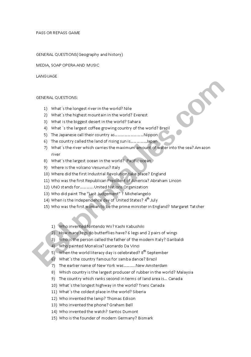 pass or repass game worksheet