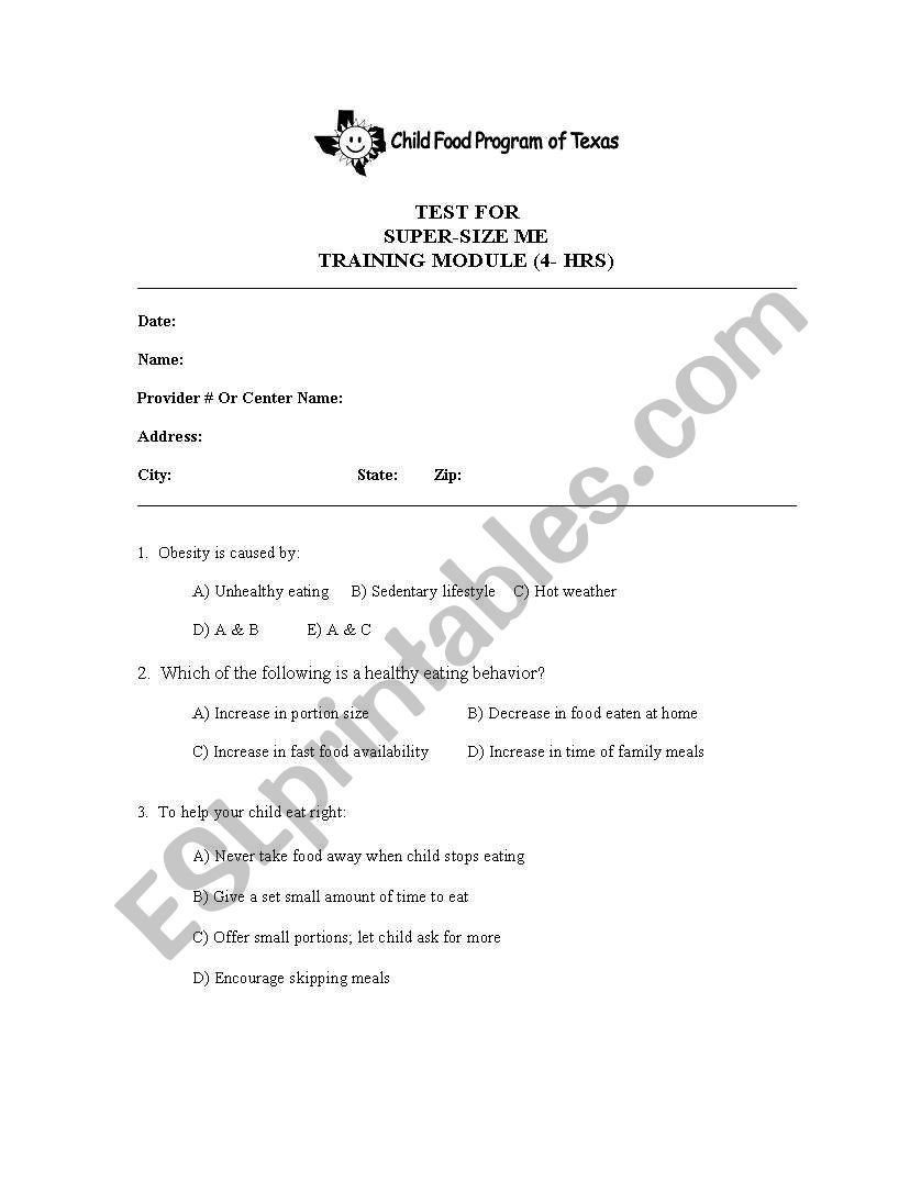 Super size me worksheet