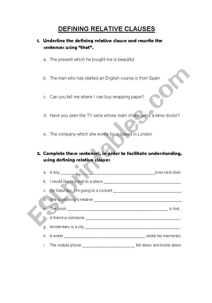 Defining Relative Clauses worksheet