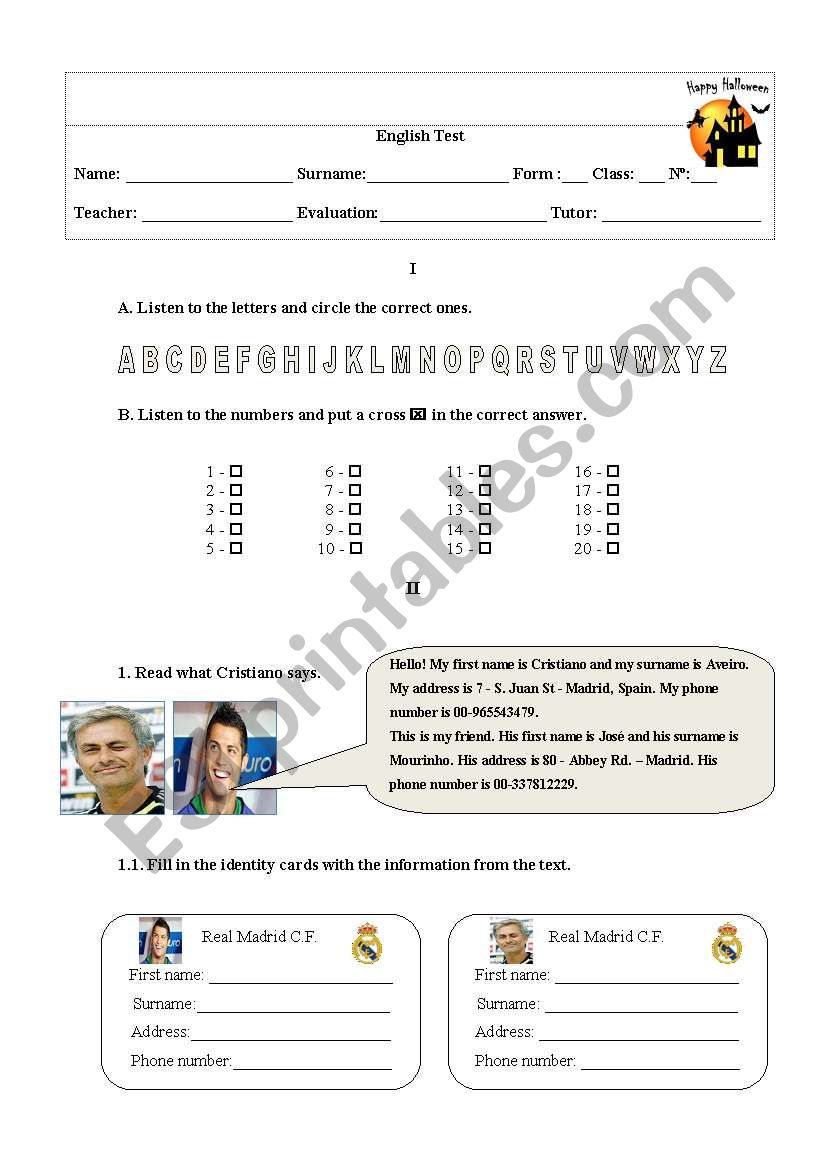 English test 5º grade worksheet