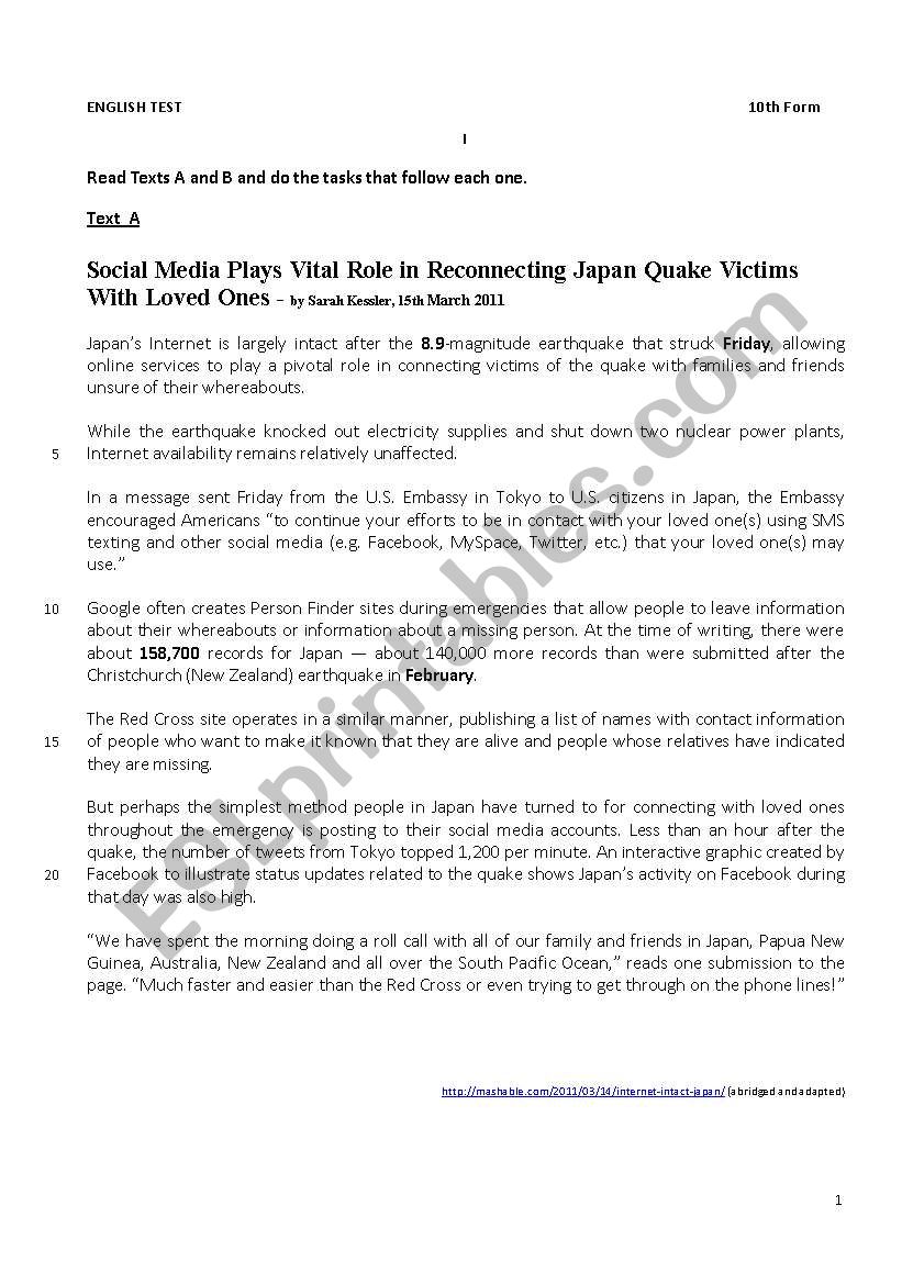 Test Media Earthquake Japan worksheet