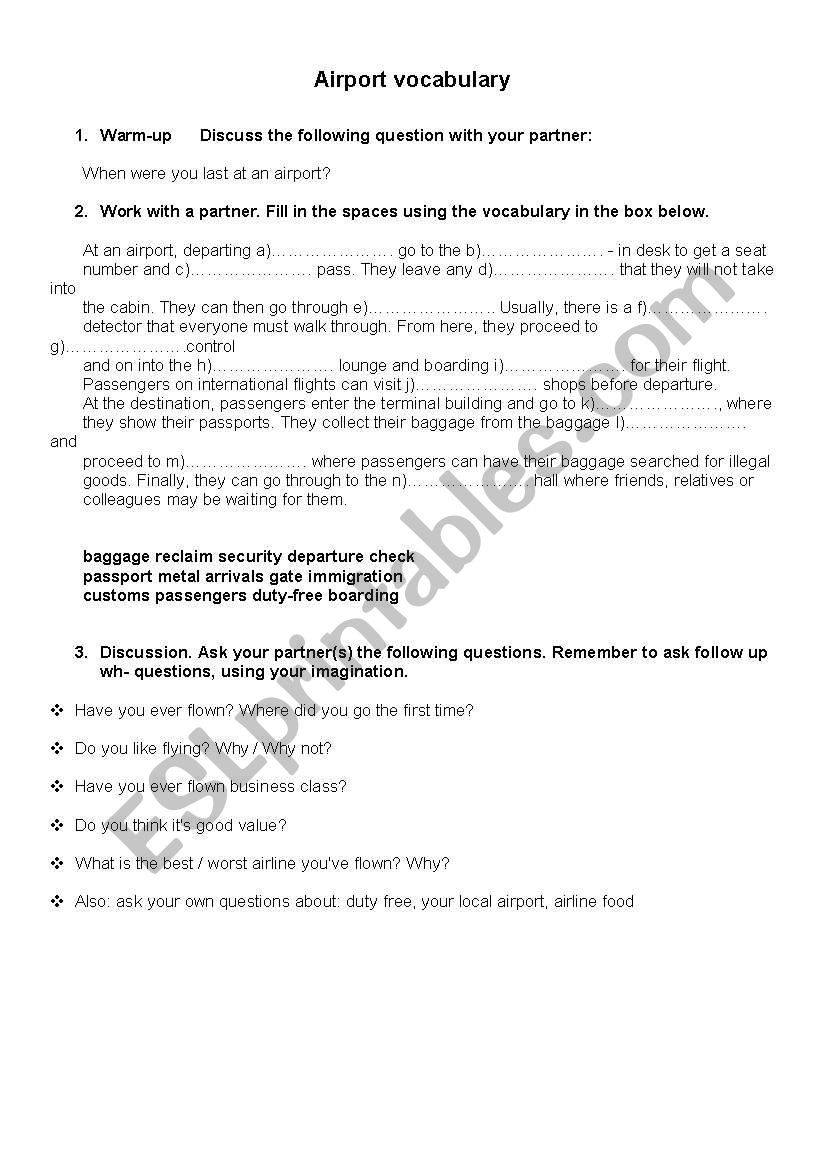 Aport vocabulary worksheet