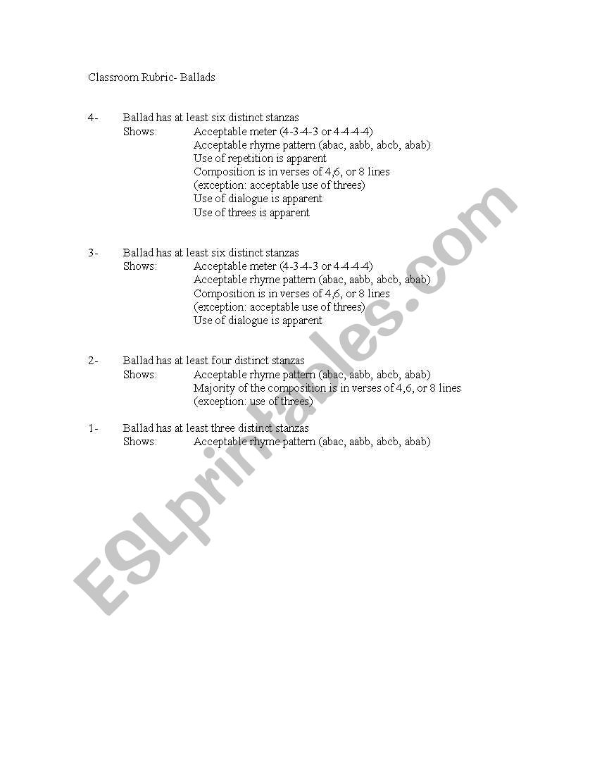 Ballad Rubric worksheet