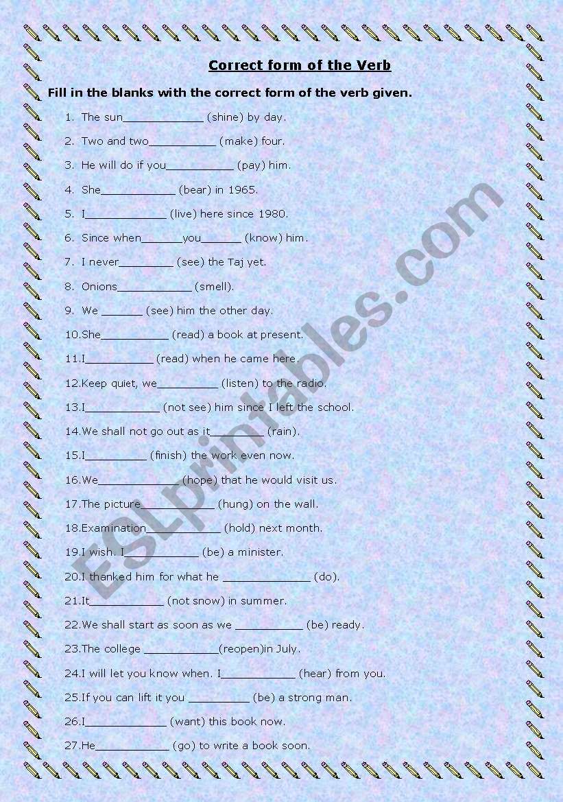 Correct forms of the Verbs worksheet