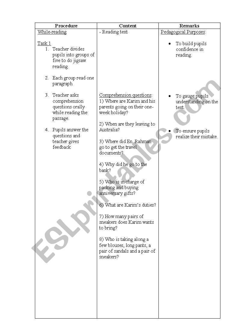 lesson plan-reading worksheet