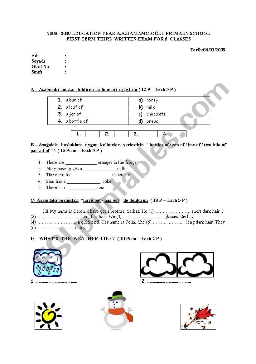 6th exam worksheet