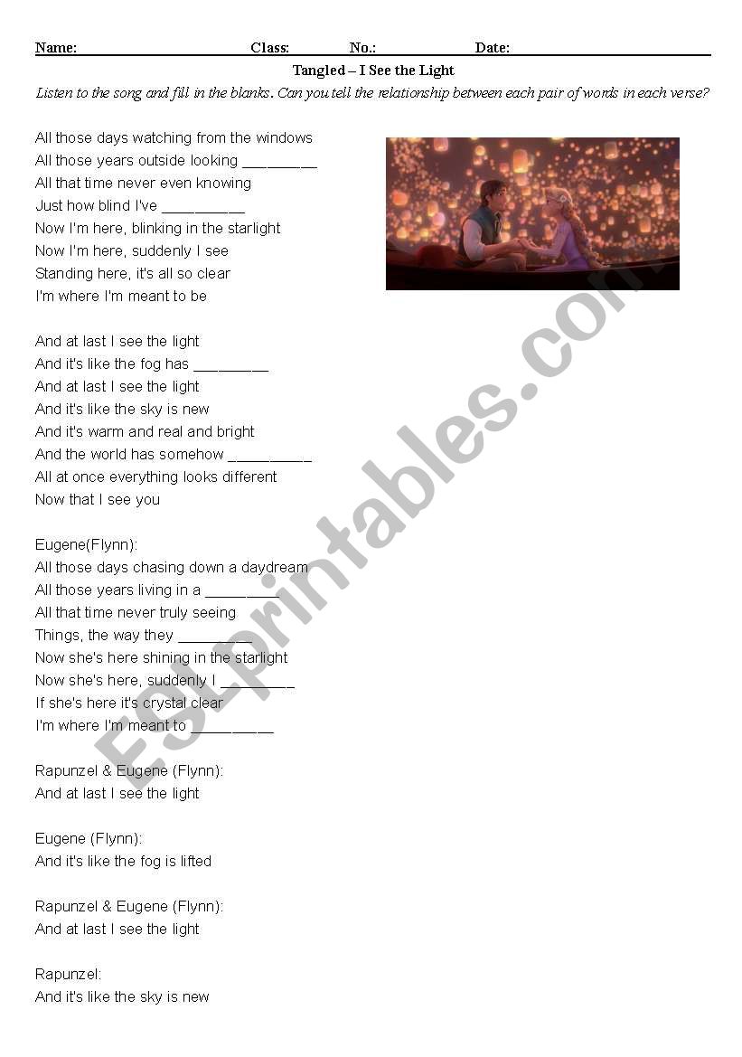 Tangled - I see the light worksheet