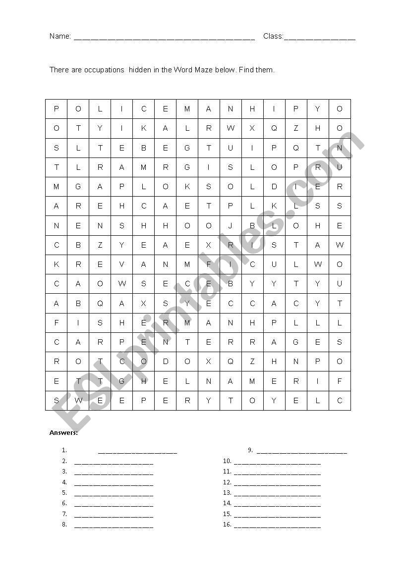 OCCUPATIONS WORD MAZE worksheet