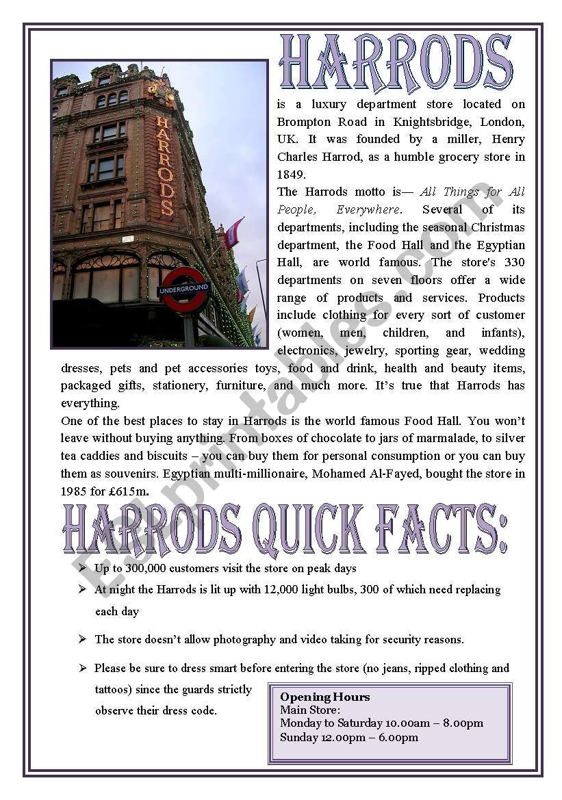 Harrods (Reuploaded, comprehension questions and writing practice added!)