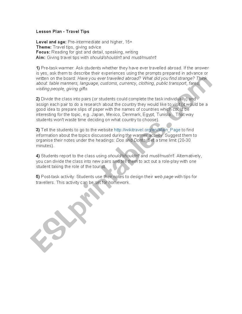 Travel Tips worksheet