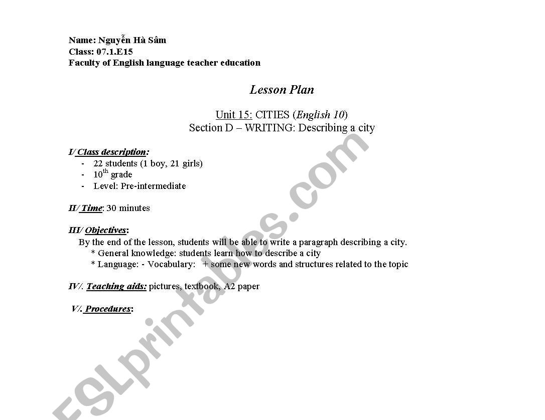 Writing-describing a city worksheet