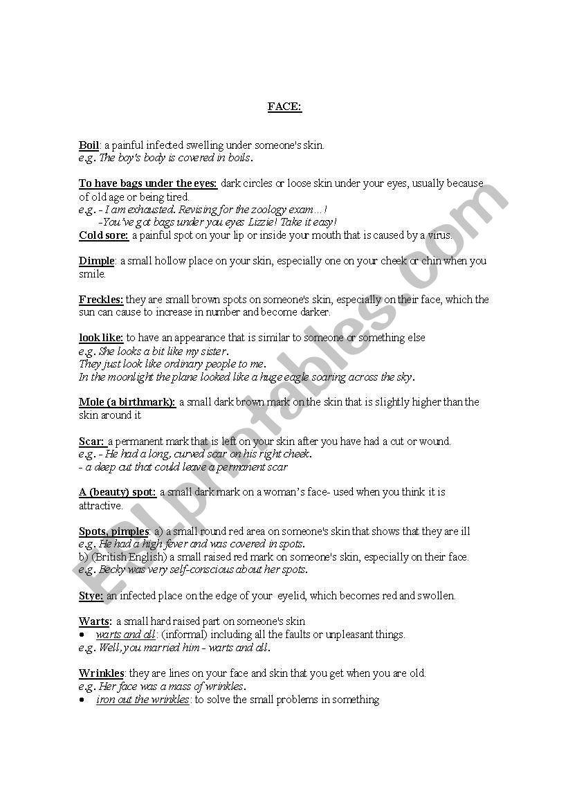 Face- physical appearance worksheet