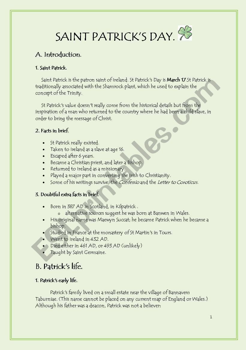 SAINT PATRICKS DAY worksheet