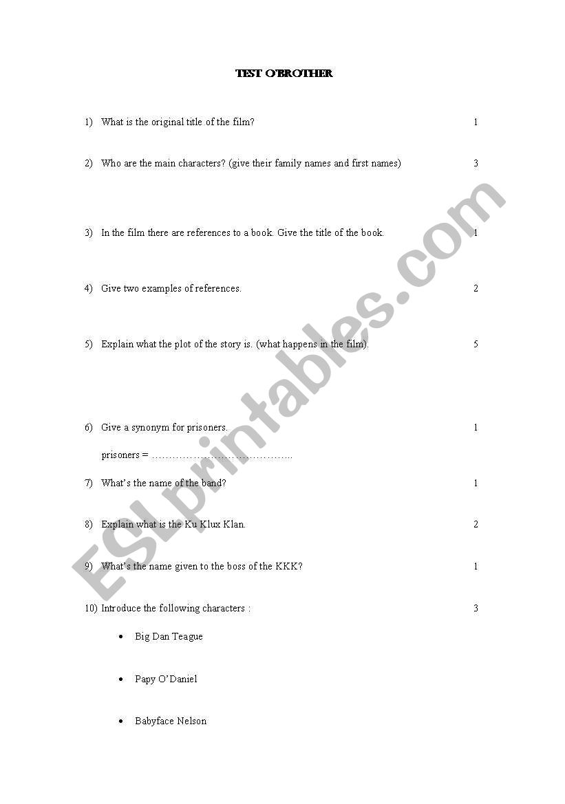 TEST OBrother movie worksheet