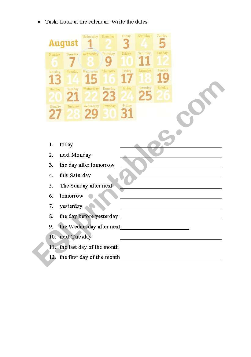 Calender worksheet