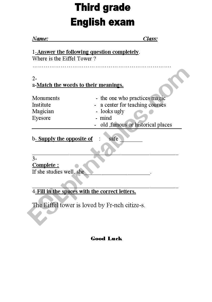 exam about different places worksheet