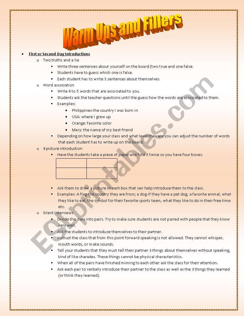 Warm Ups and Fillers  worksheet