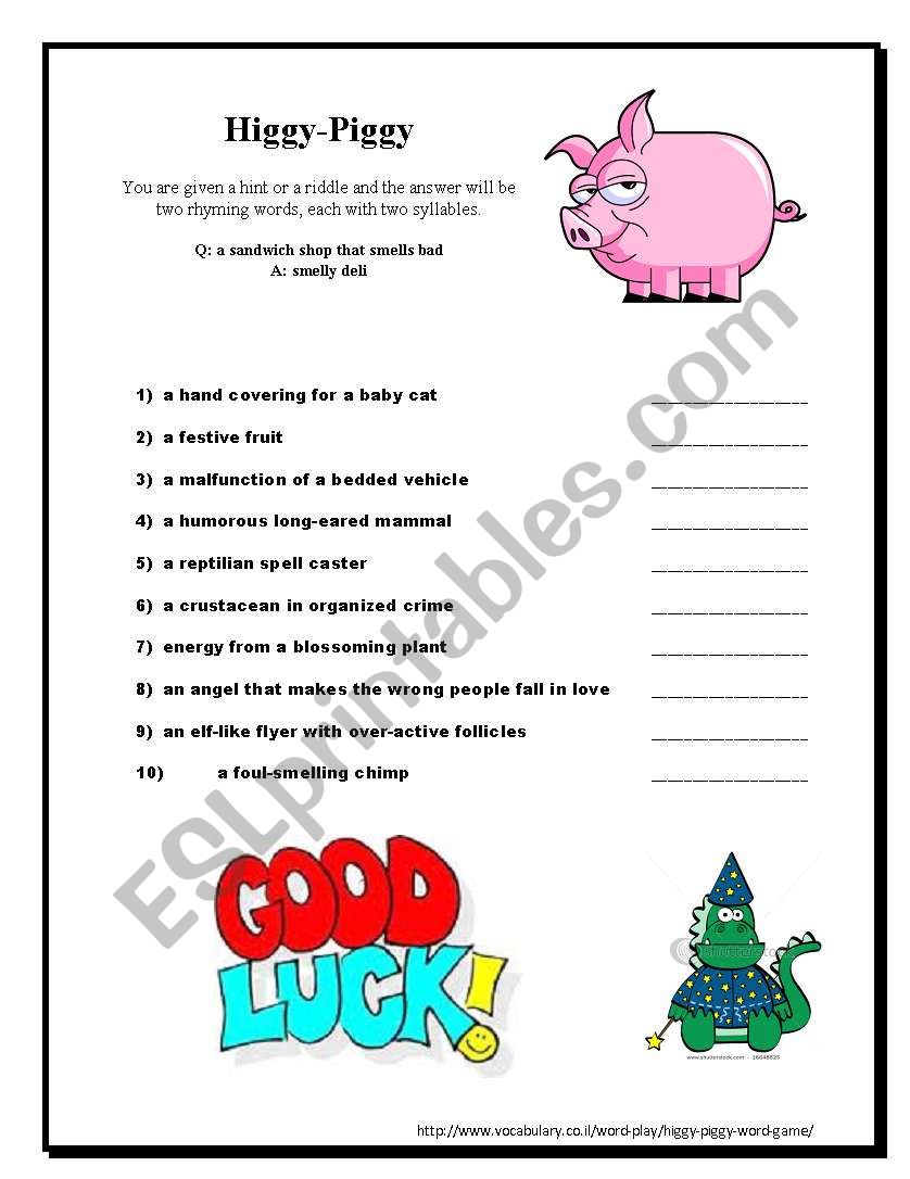 Higgy Piggy Rhymes Quiz worksheet
