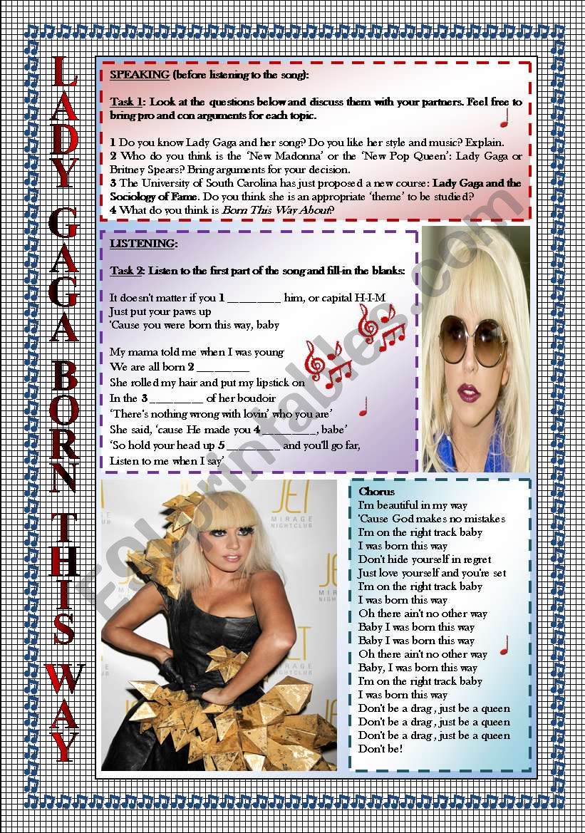 LADY GAGA-BORN THIS WAY(2 PAGES)-LISTENING-SPEAKING-FULLY EDITABLE-KEY INCLUDED