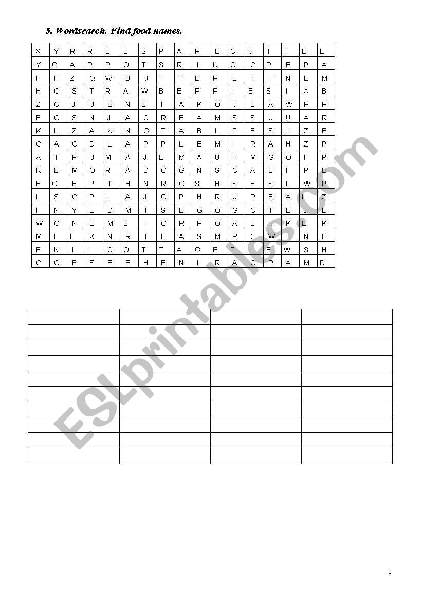 wordsearch on food worksheet