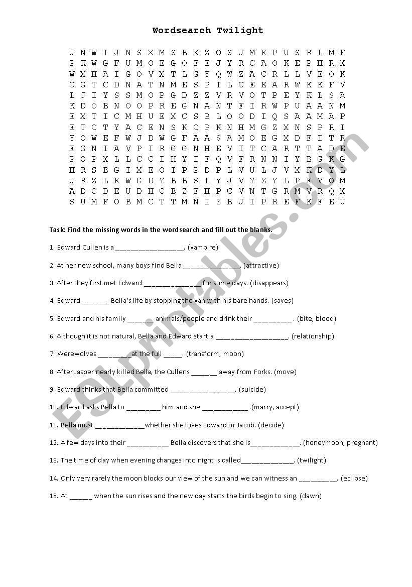 Wordsearch Twilight Novels worksheet