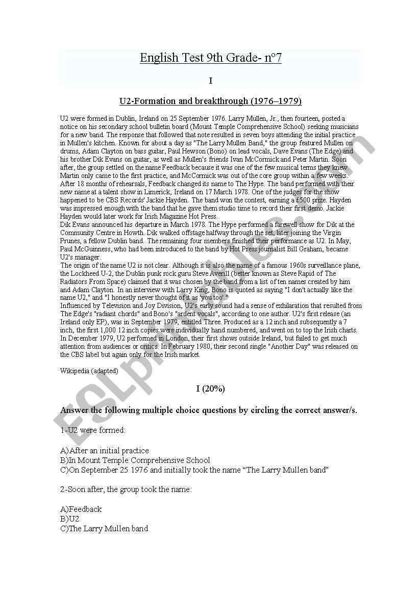 9th grade test worksheet