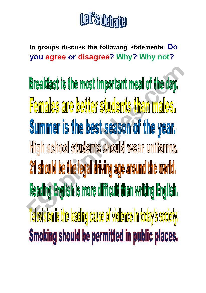 Topics for Debating worksheet