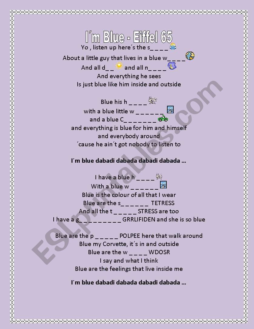 Song Im Blue - Eiffel 65 worksheet