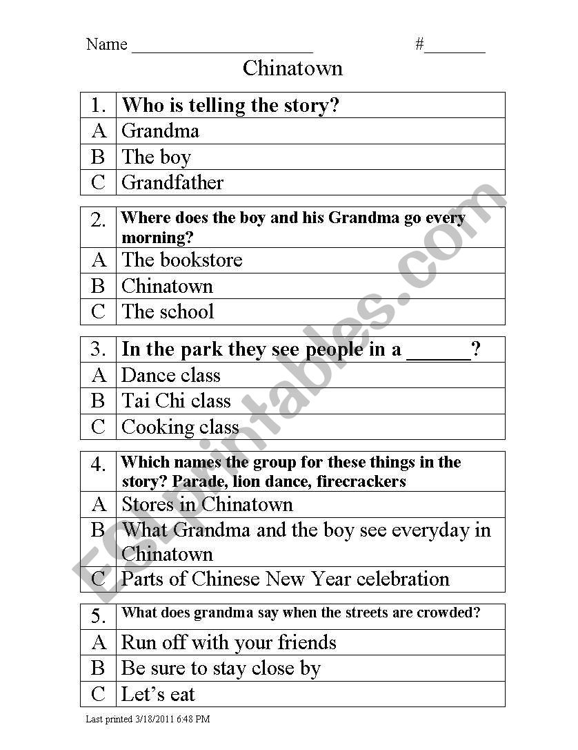 Chinatown worksheet