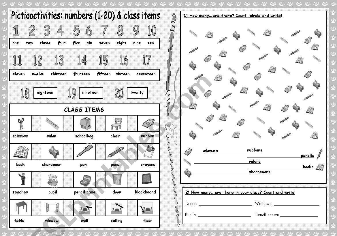 Pictioactivities: How many...? + Numbers (1-20) + Class items