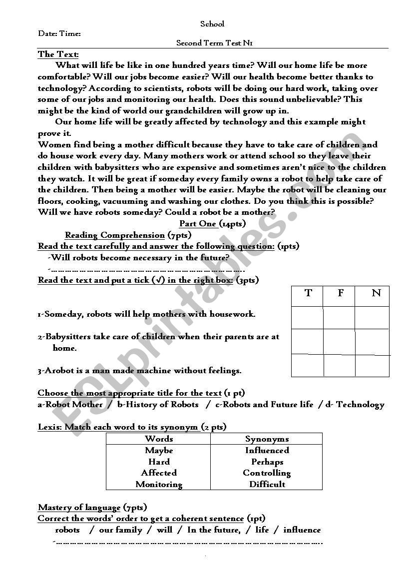 Second Term Test N1 worksheet