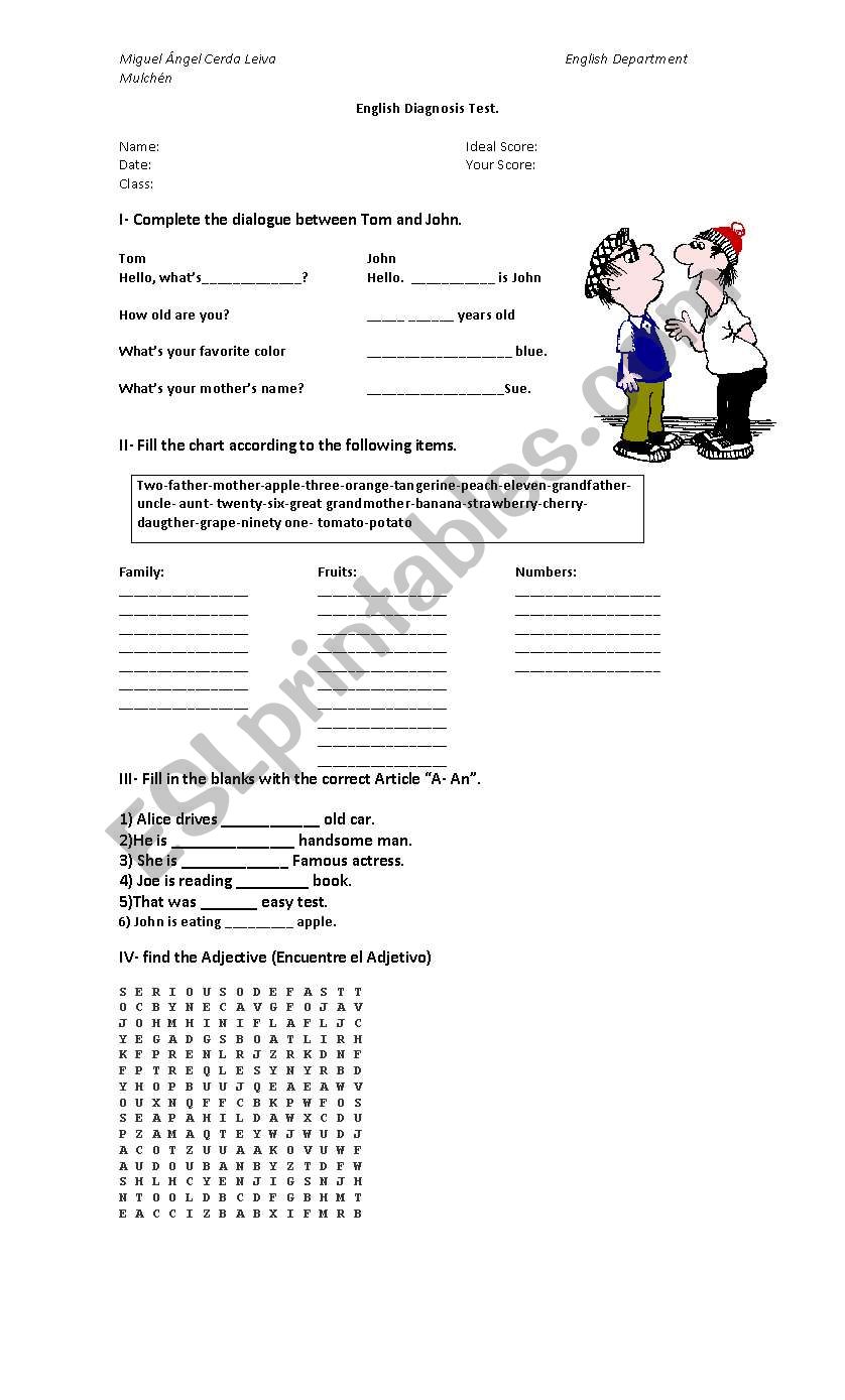 English diagnosis test worksheet