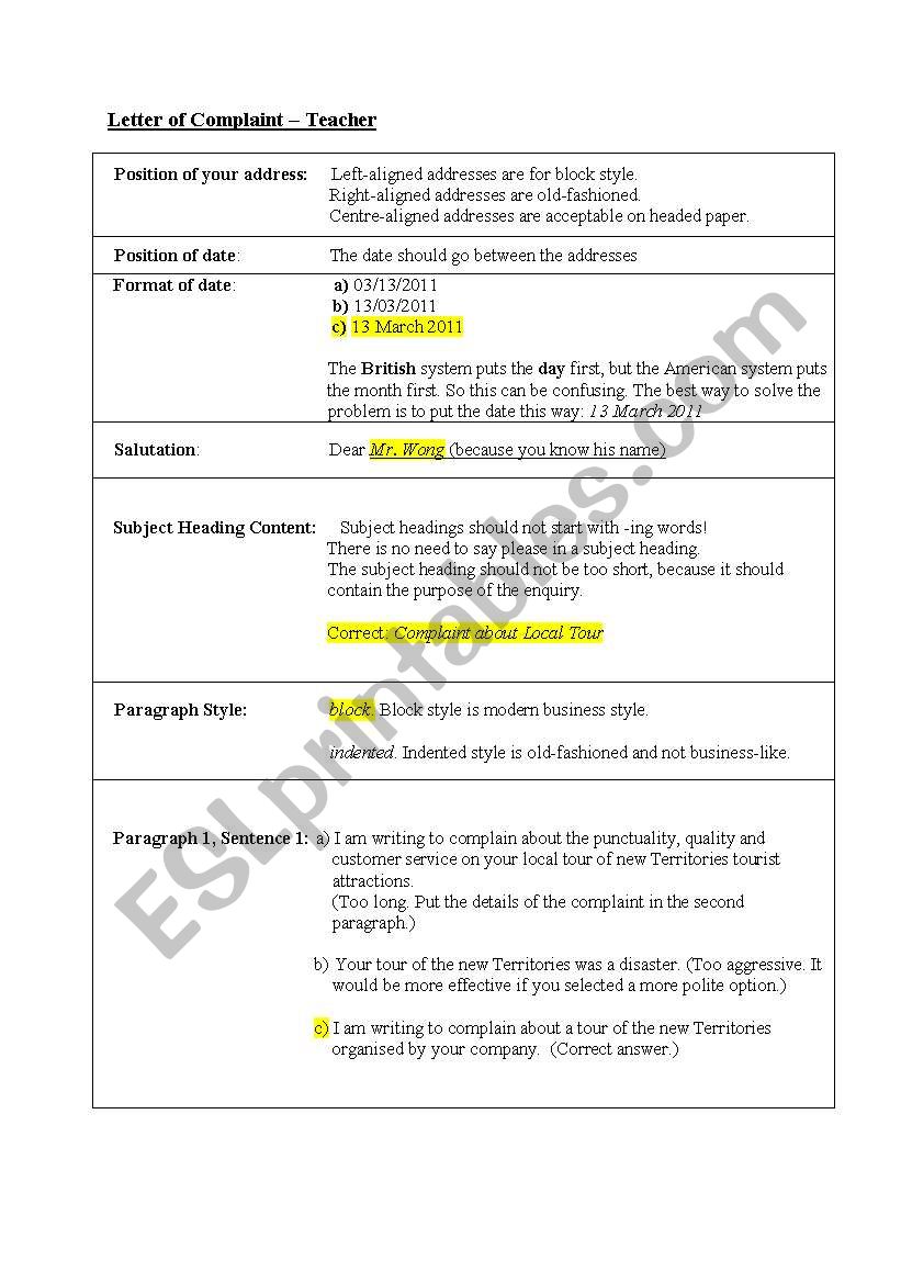 Worksheet Letter of complaint worksheet