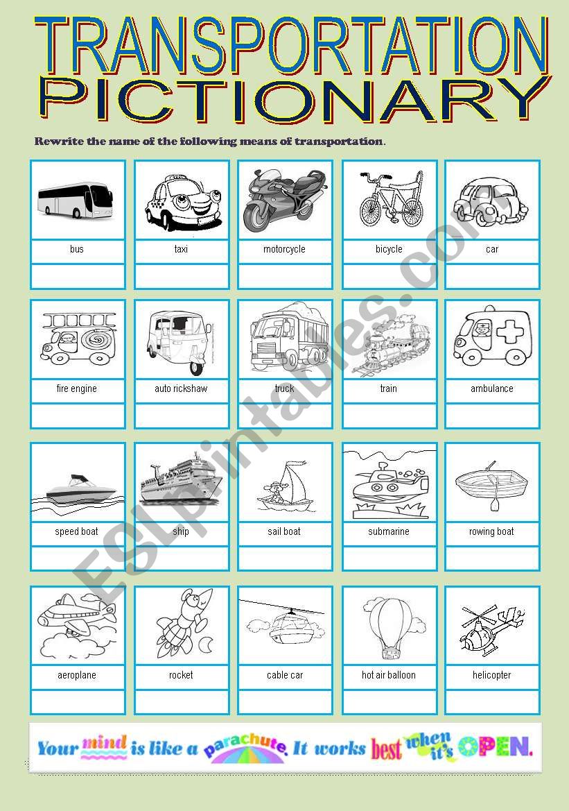 TRANSPORTATION PICTIONARY worksheet