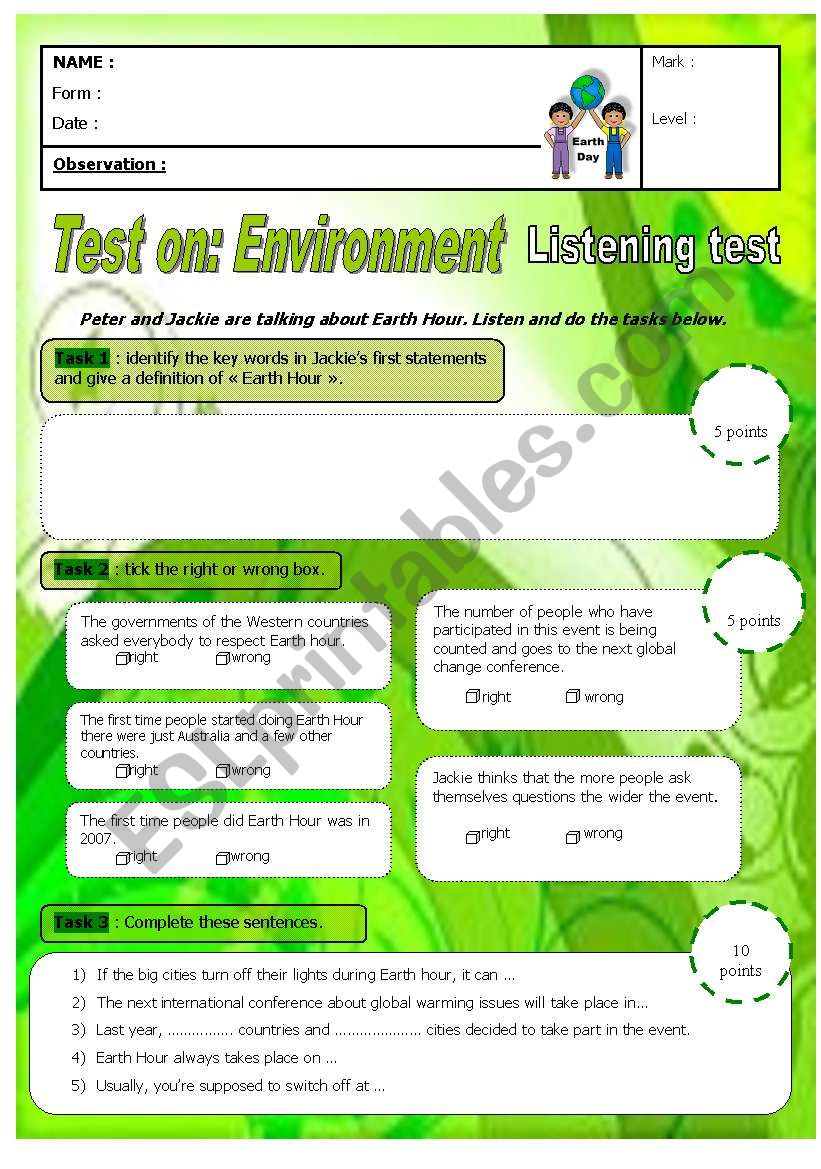 Earth Hour - Listening test - A2 low B1 with key