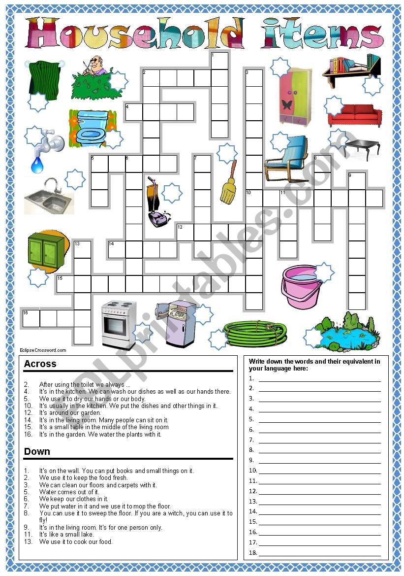 Household items crossword * Can be used with my Happy Families game!