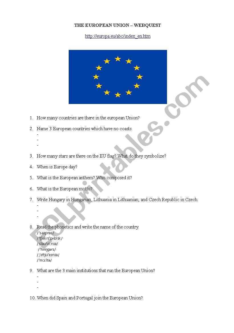 Europe Webquest worksheet