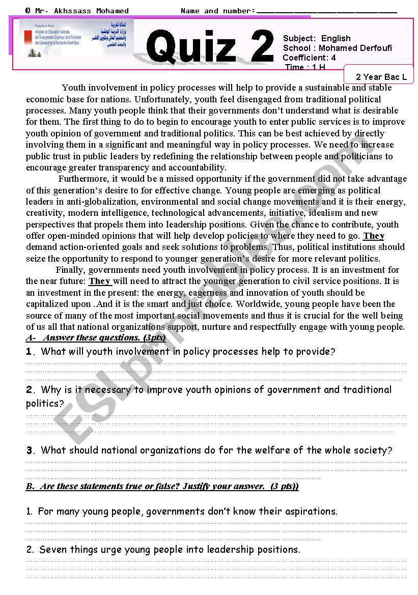 Youth involvement in politics worksheet