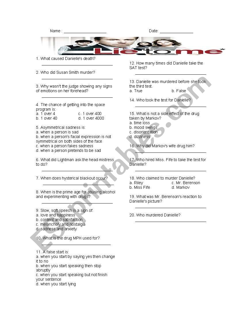 Lie to me Season 1 episode 3 worksheet